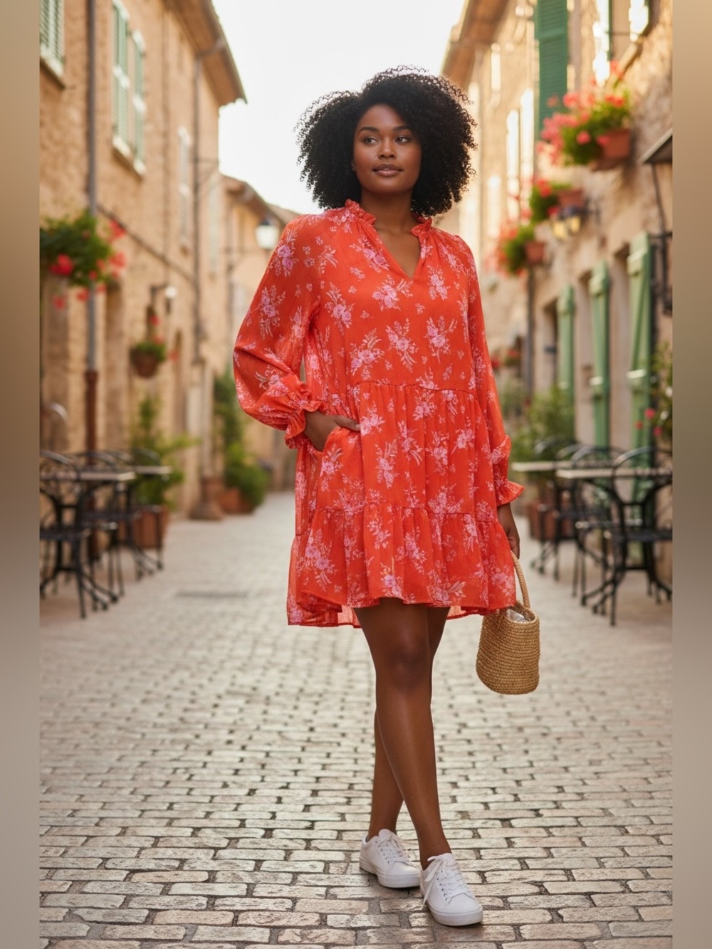 Vince Camuto Orange Dainty Pink Floral Long Sleeve Tiered Dress XL